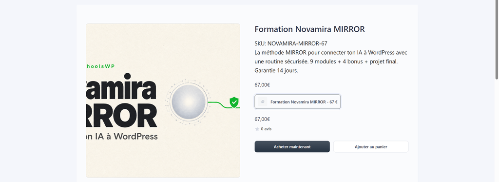 FluentCart : fiche produit WordPress avec SKU, prix et boutons Acheter maintenant et Ajouter au panier