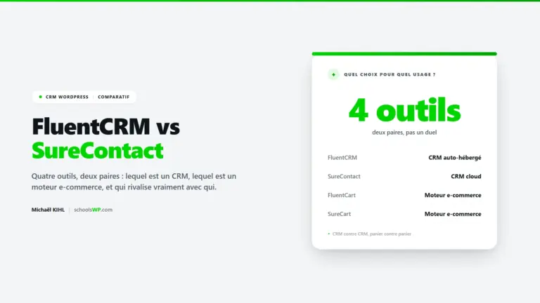 FluentCRM vs SureContact - le comparatif schoolsWP pour ne plus confondre les quatre outils Fluent et Sure sur WordPress