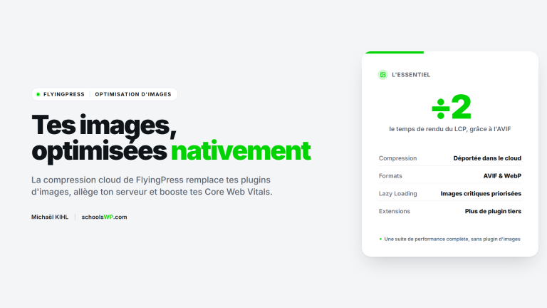 FlyingPress : optimisation d'images native via le cloud, formats AVIF et WebP, LCP divisé par deux