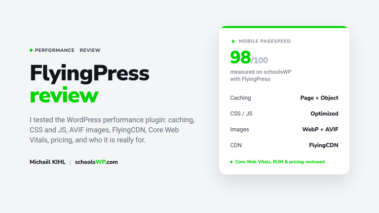 FlyingPress review by schoolsWP: WordPress performance plugin tested on caching, Core Web Vitals, CDN, images and pricing