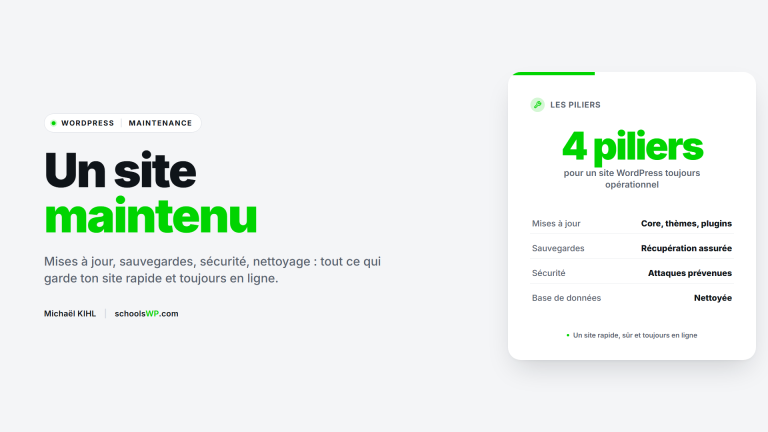 Maintenance WordPress : 4 piliers (mises à jour, sauvegardes, sécurité, nettoyage de la base) pour un site toujours opérationnel