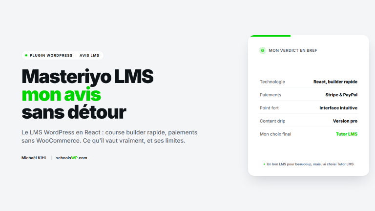 Masteriyo LMS, le plugin de formation WordPress en React : course builder rapide, paiements Stripe et PayPal, content drip en version pro