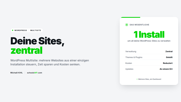 WordPress Multisite: mehrere Websites aus einer Installation, zentrale Verwaltung, geteilte Themes und Plugins, reduzierte Kosten