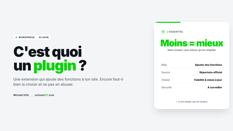 Plugin WordPress : une extension qui ajoute des fonctions, à choisir avec soin (répertoire officiel, fiabilité, sécurité)