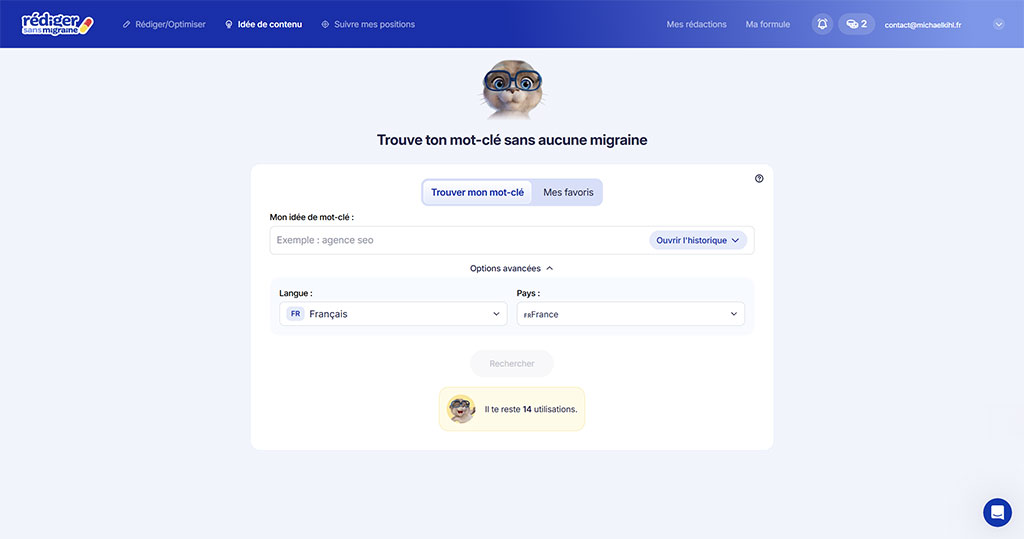 Recherche de mots-clés dans Rédiger Sans Migraine : trouver des idées de requêtes SEO en français, capture testée par schoolsWP
