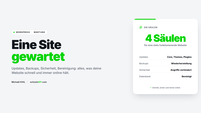 WordPress-Wartung: 4 Säulen (Updates, Backups, Sicherheit, Datenbankbereinigung) für eine stets laufende Website