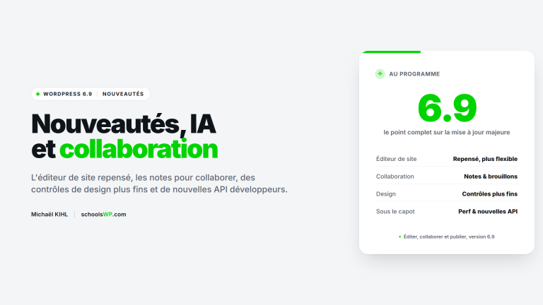 Guide schoolsWP sur les nouveautes de WordPress 6.9, editeur de site repense, notes de collaboration, controles de design et nouvelles API