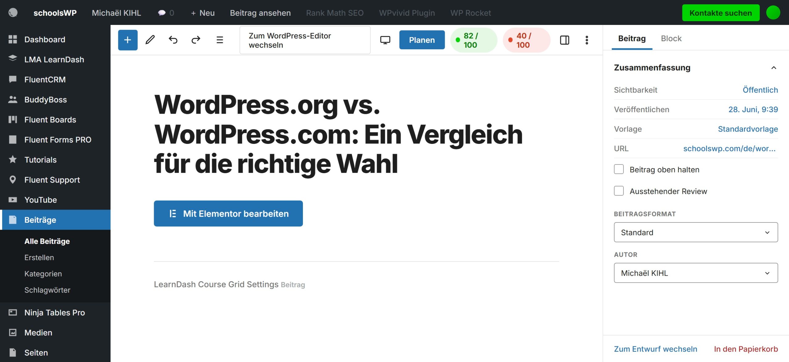 wordpress beitrag editor oberflaeche scaled Schnittstelle zur Bearbeitung von Artikeln in WordPress, die einen vergleichenden Artikel zwischen WordPress.com und WordPress.org zeigt.