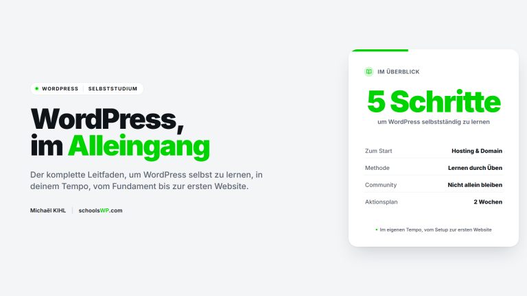 WordPress selbstständig lernen: 5 Schritte, Hosting und Domain, Lernen durch Üben, Aktionsplan in 2 Wochen
