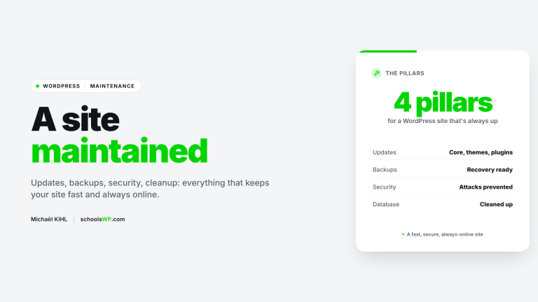 WordPress maintenance: 4 pillars (updates, backups, security, database cleanup) for an always-up site