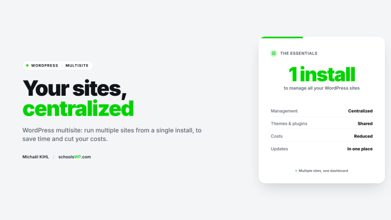 WordPress multisite: multiple sites from a single install, centralized management, shared themes and plugins, reduced costs