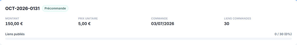 avis octolinks commande 30 backlinks 150 euros Capture de ma commande Octolinks : précommande de 30 backlinks à 5 € HT (150 € HT), passée le 03/07/2026, preuve du test schoolsWP