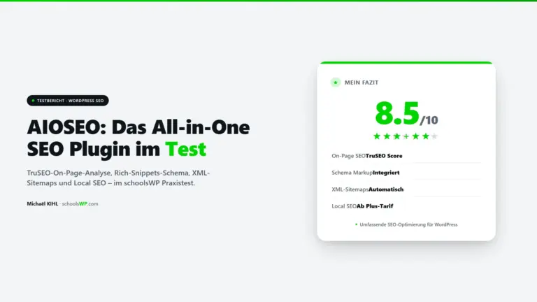 AIOSEO Testbericht - All-in-One WordPress SEO Plugin getestet für TruSEO, Schema Markup, XML-Sitemaps, schoolsWP Titelbild