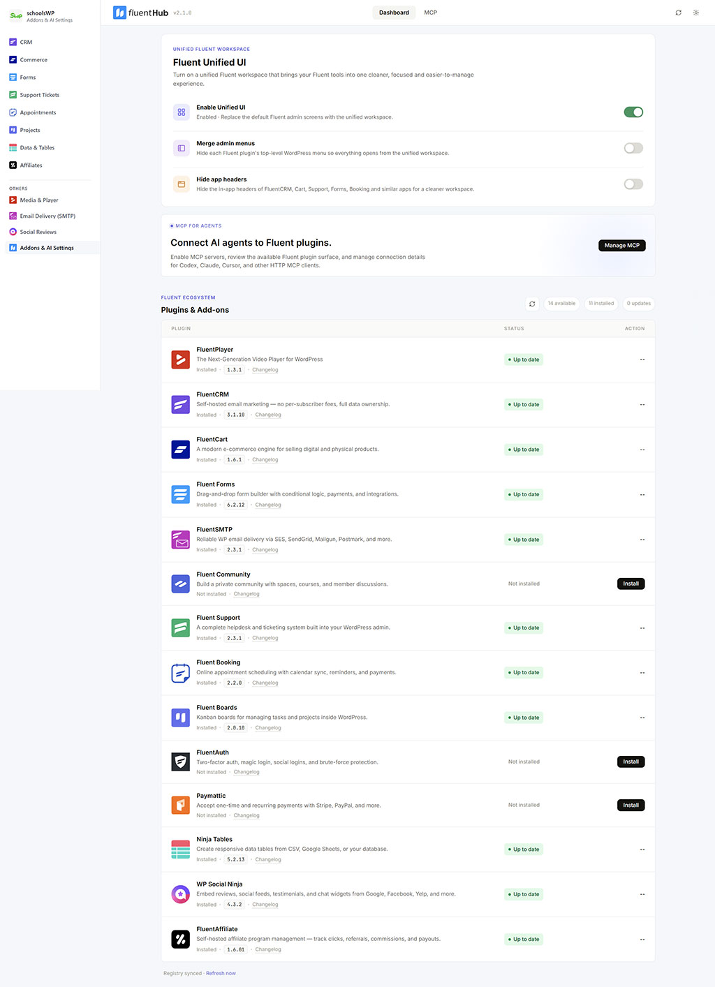 Réglages FluentHub 2.1.0 sur WordPress : interrupteur Unified UI activé et les 14 extensions de l'écosystème Fluent listées