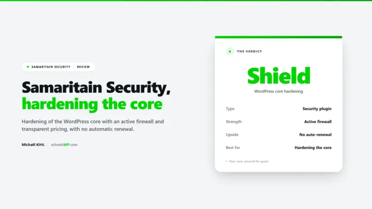 Samaritain Security review - hardening the WordPress core with an active firewall and no automatic renewal, by schoolsWP