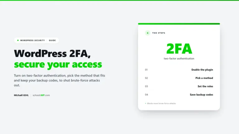 WordPress 2FA - enable two-factor authentication, pick the method, set the roles and save your backup codes, by schoolsWP