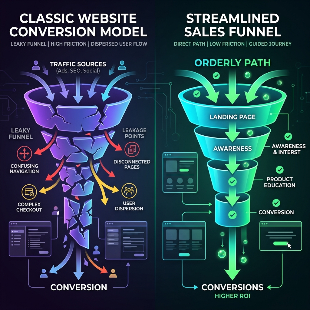 Comparison of classic website conversion model and streamlined sales funnel